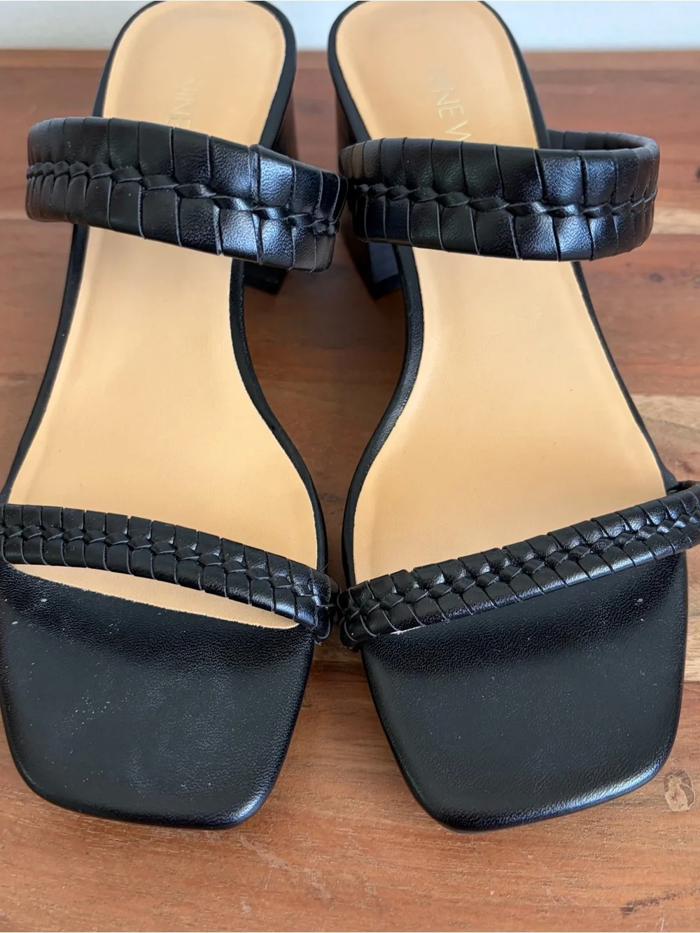 Nine West Black Braided Block Heels Square Toe Mules 6M